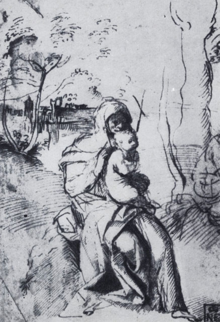Джорджоне. Святая Елизавета с младенцем Иоанном. Рисунок. Будапешт, Музей изобразительных искусств 