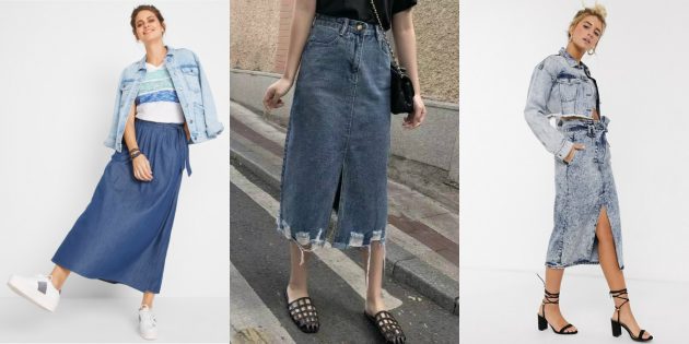 Модные юбки — 2020: длинные джинсовые юбки