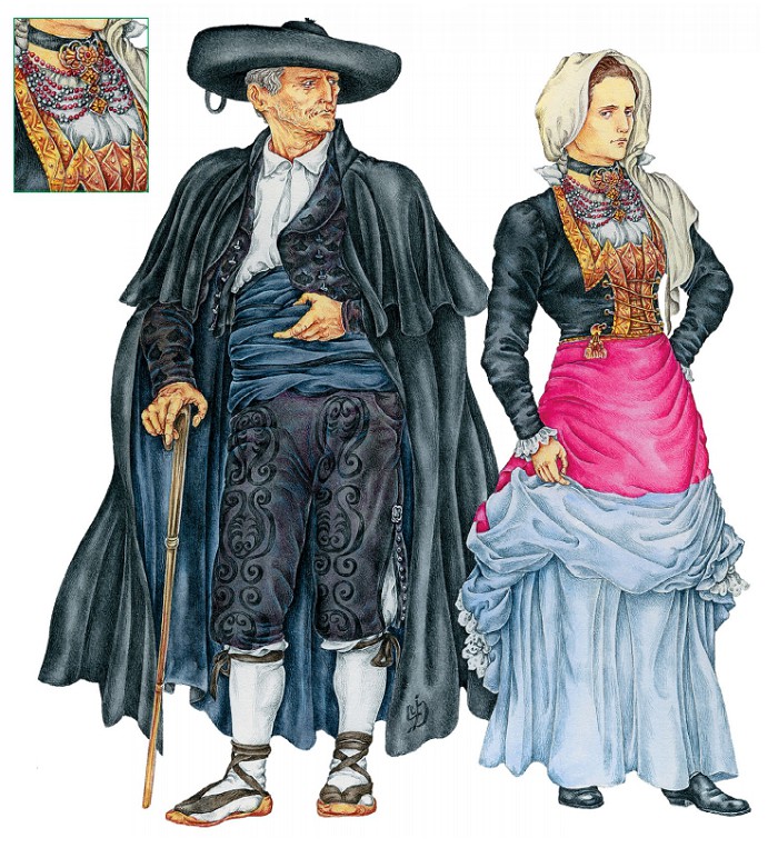 Мужчина, одетый в костюм с плащом капа и сомбрейрой; женщина-басконка в национальном платье баскских женщин — баскине