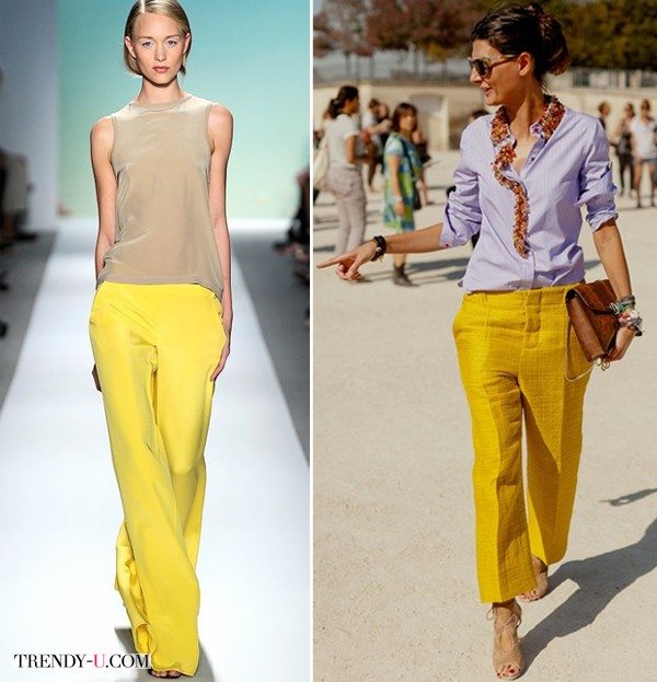 Желтые широкие брюки на модели и Giovanna Battaglia