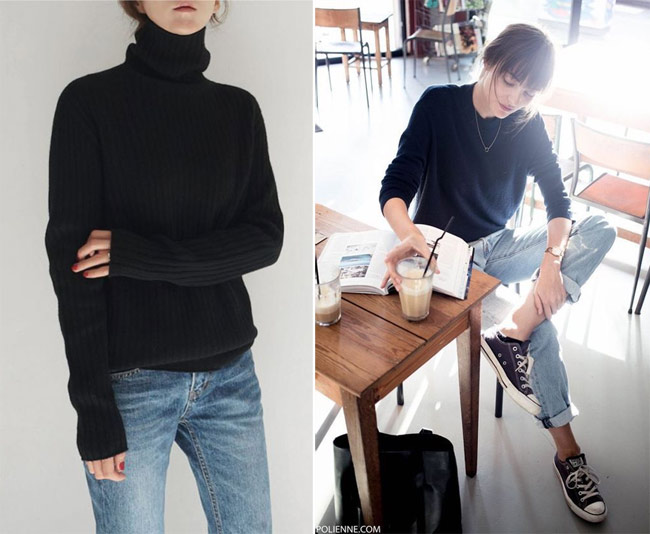 Образ в минималистическом стиле: джинсы и черный свитер