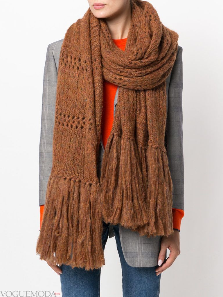 шарф с бахромой коричневый