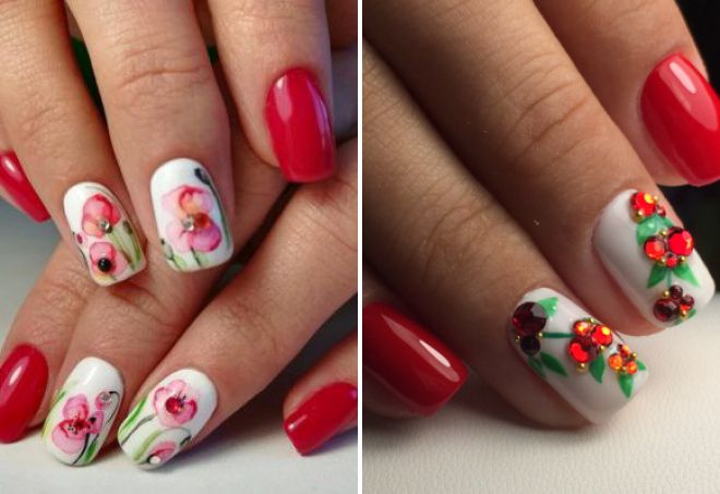 красный дизайн ногтей 2018 с цветами